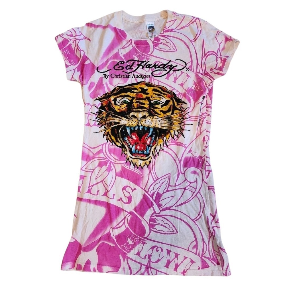 Ed Hardy Tiger Skull Heart Graphic Shirt Womens Medium USA Y2K Rhinestone